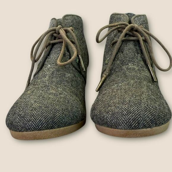 TOMS Womens Size 7 Wedge Heel Ankle Boots Desert Taupe Olive Herringbone Fabric - Picture 4 of 12